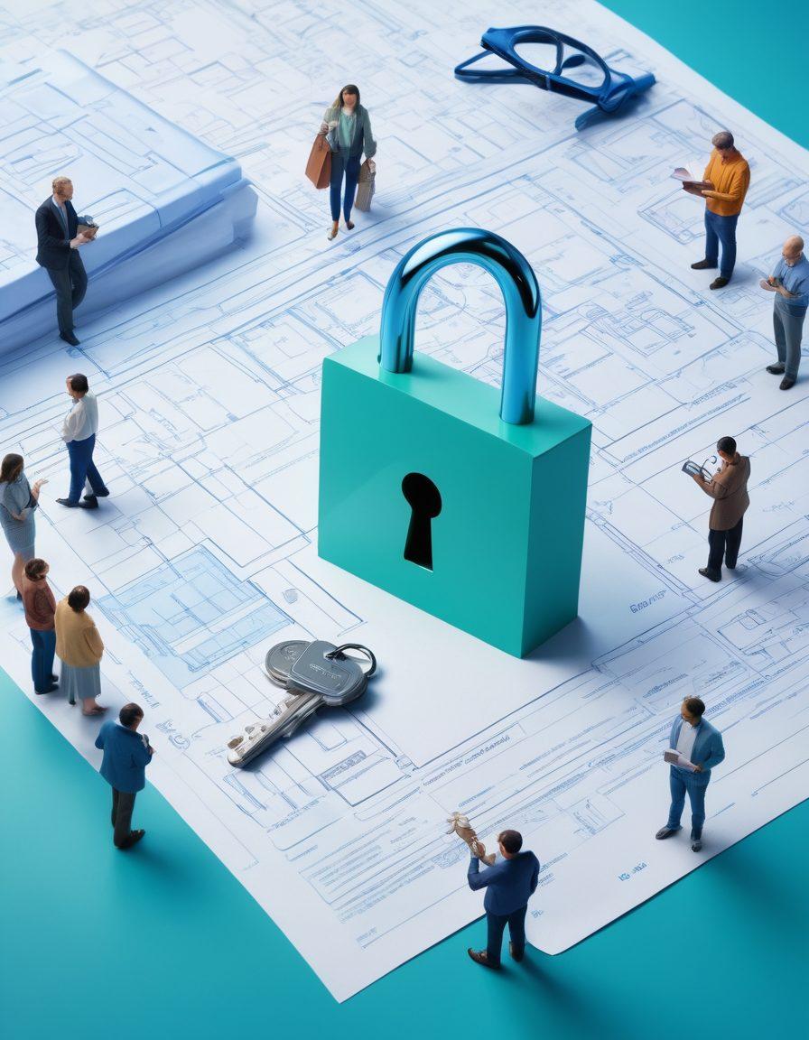 A bright, inviting scene showcasing a diverse group of people discussing insurance plans around a large, colorful blueprint labeled 'Affordable Insurance'. Include elements like magnifying glasses, calculators, and discount tags floating around them. Integrate a symbolic lock and key visually representing unlocking savings. The background should be a soft gradient symbolizing trust and security. super-realistic. vibrant colors.