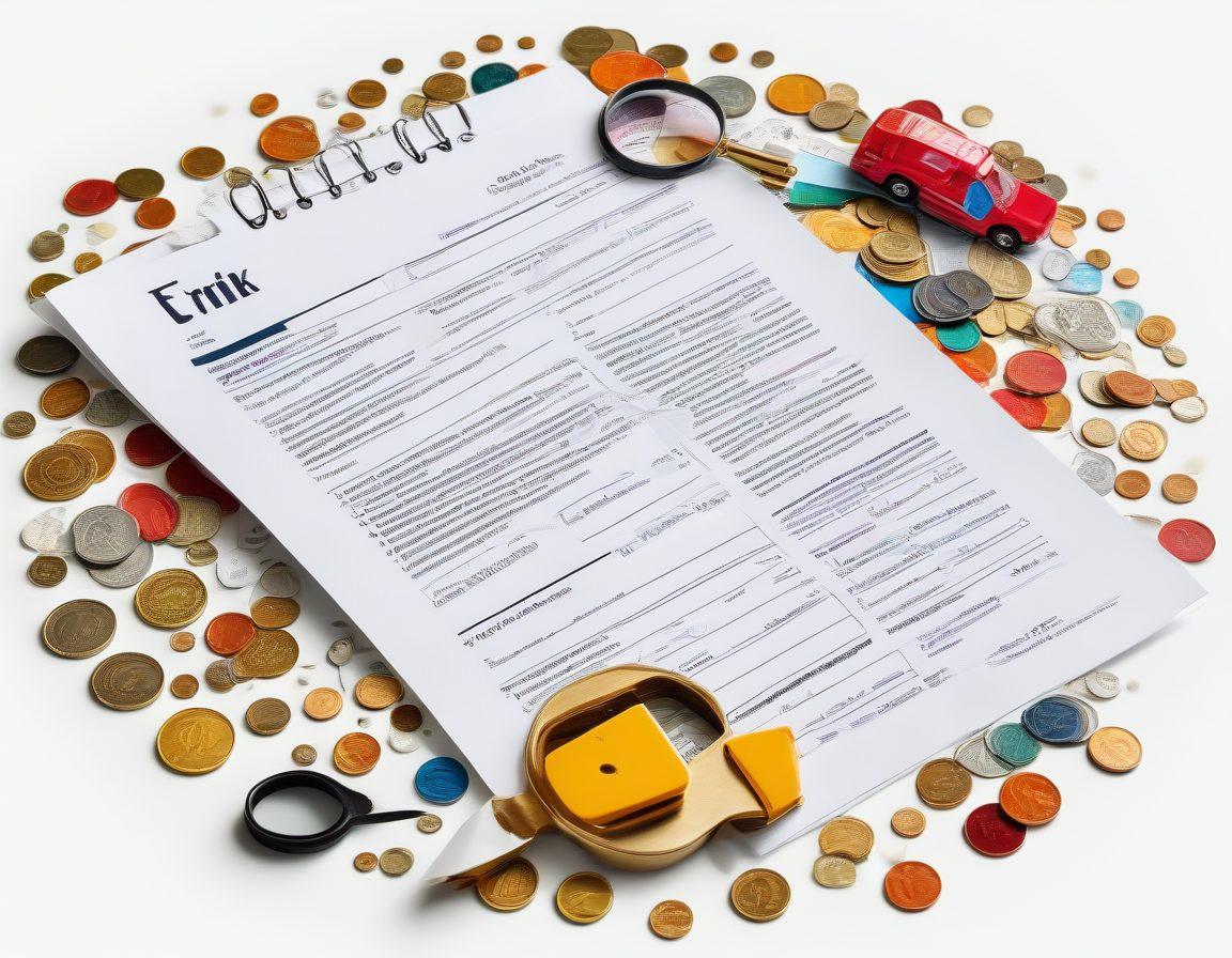 A collage of various insurance policy documents and quotes scattered artistically, with a magnifying glass highlighting a few specifics, symbolizing comparison. Include icons representing different types of insurance (car, health, home) around the documents, and a calculator with a vibrant background of coins and savings concepts to convey savings. Use bright, inviting colors to make it engaging. super-realistic. vibrant colors. white background.